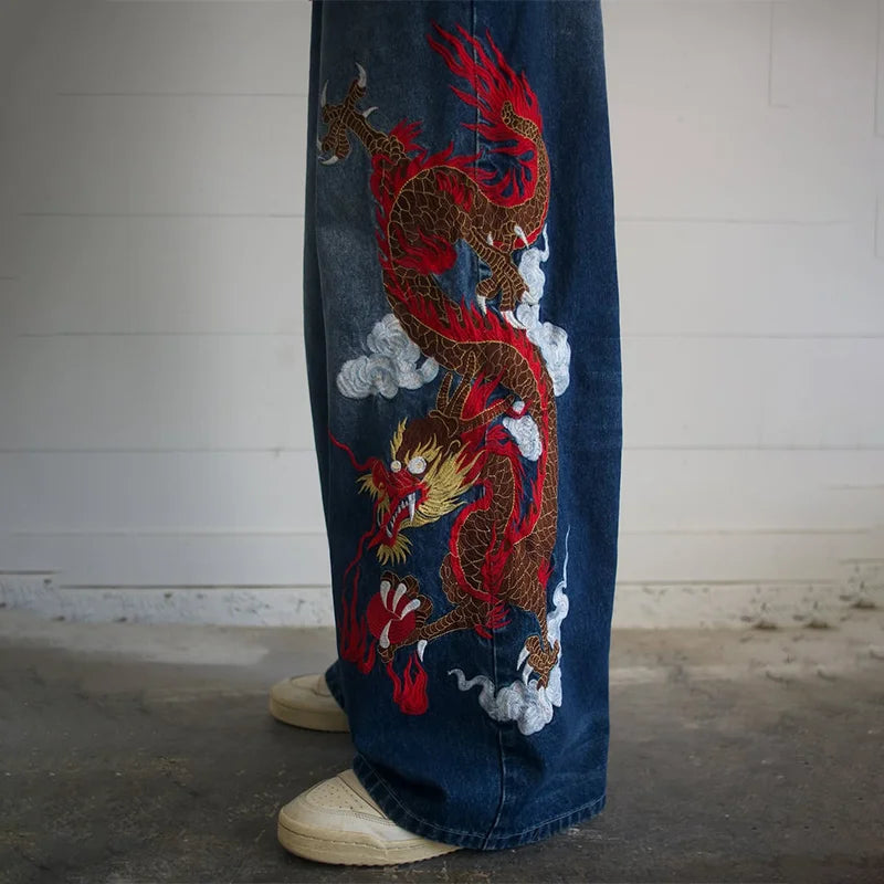 Y2K Dragon Graffiti Wide-Leg Jeans