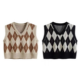 Women's Plaid V-Neck Cropped Sweater Vest