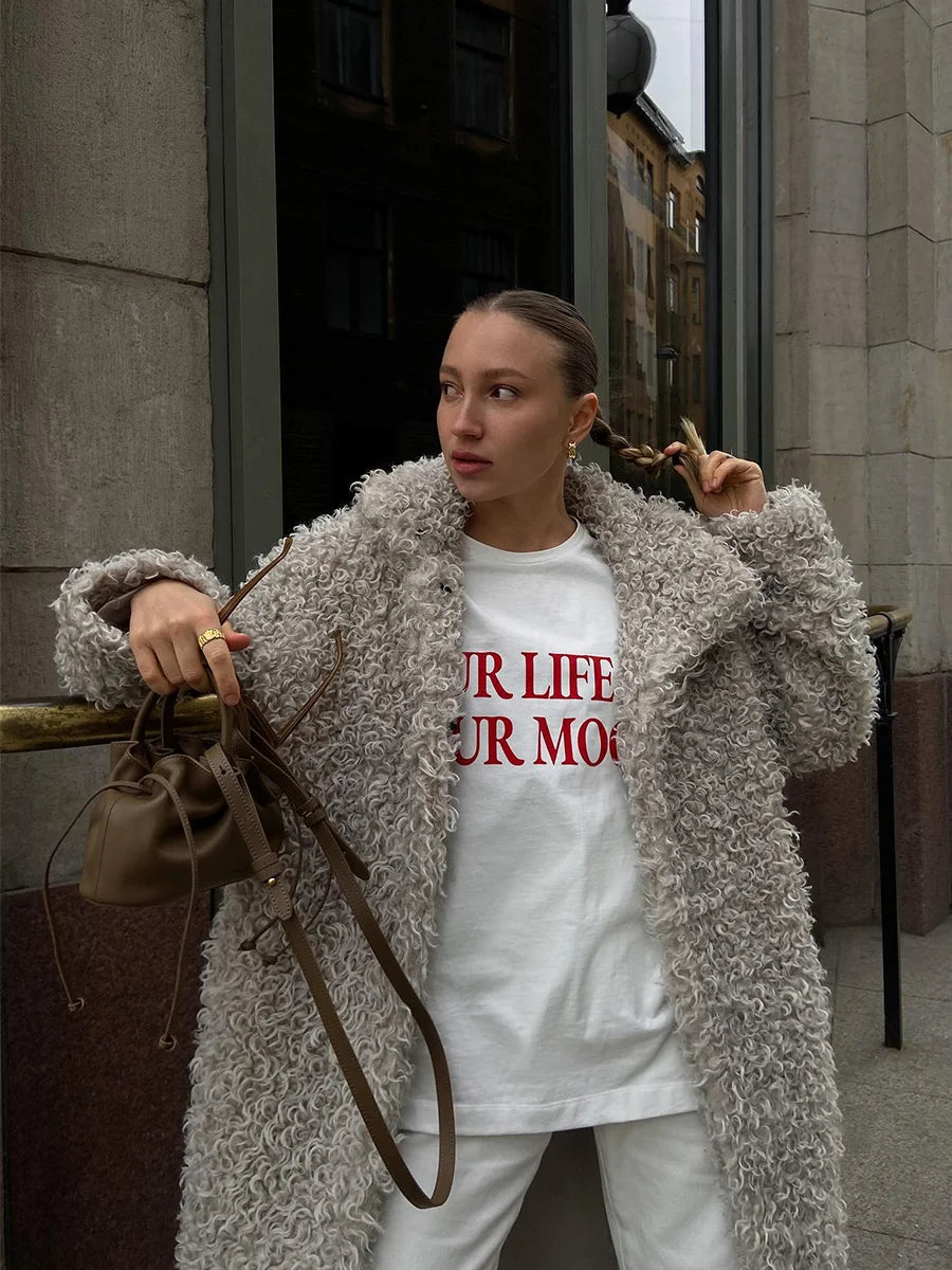 Gray Wool-Blend Faux Fur Maxi Coat