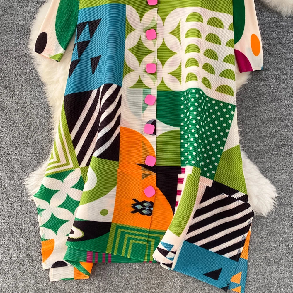 Miyake Pleated Drape Dress – Colorblock Print, 3/4 Sleeve