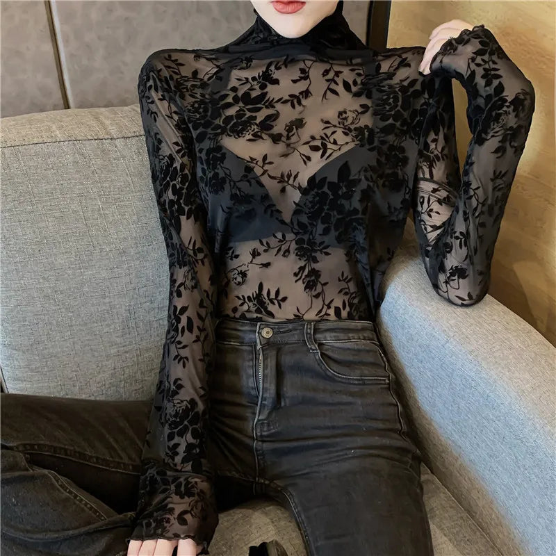 Women's Flocking Mesh Long Sleeve Top Floral Turtleneck