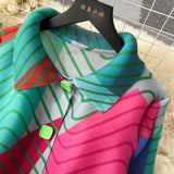 Miyake Pleated Drape Dress – Colorblock Print, 3/4 Sleeve
