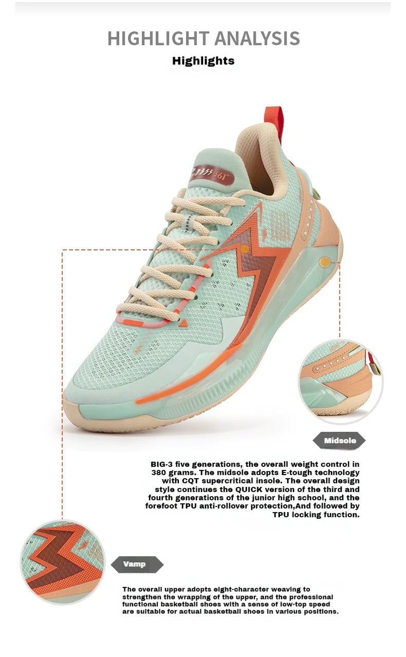 361 Degrees BIG3 5.0 Quick Men Basketball Shoes Cushion Bounce Wearable Breathable Stable Support Comfort Male Sneaker 672431118