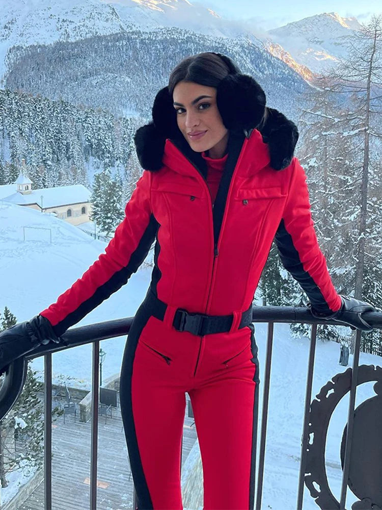 Elegant Faux Fur Hooded Women's Ski Jumpsuit