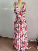 Elegant V-Neck Floral Silk-Laminate Maxi Dress – Summer 2025 Edition