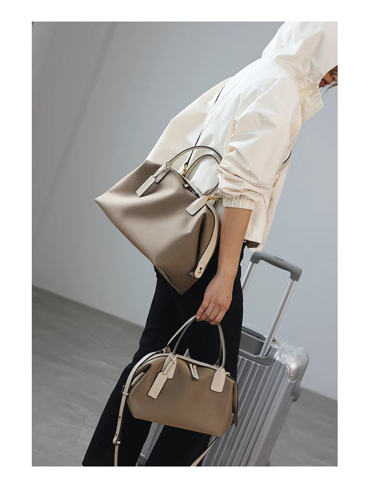 Women's Nylon With Genuine Leather Zipper Tote Lightweight Soft Travling Bags Versatile Style Handbag Different Colors And Size