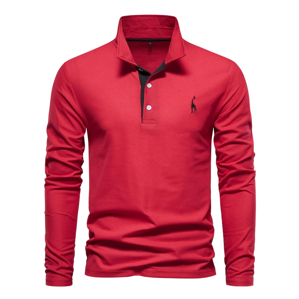AIOPESON Men's Deer Embroidery Polo Shirt – Long Sleeve