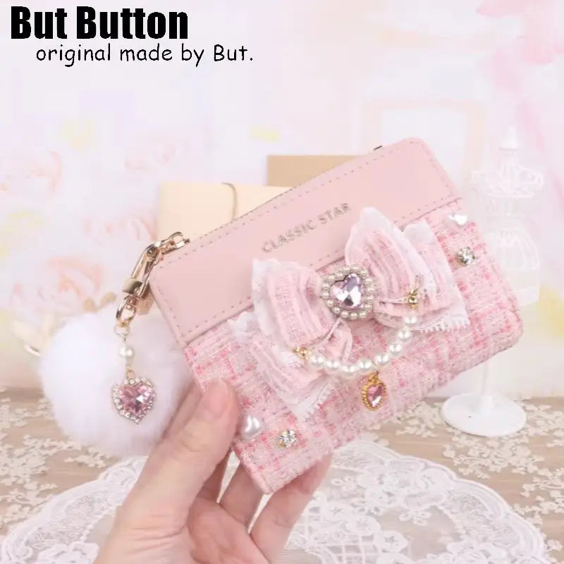 Kawaii Sweet Japanese Lolita Bow Wallet JK Harajuku Y2K Lace Rhinestone Short Wallet Mini Purse Card Holder Women Girls Gift