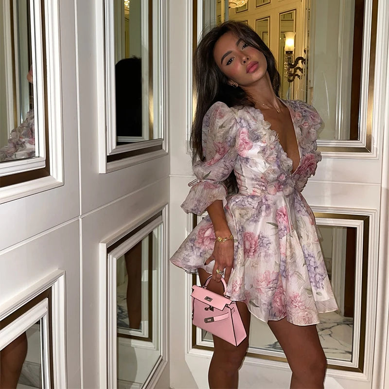 Pink Floral Printed Backless Mini Dress Women Elegant O Neck Long Sleeved Ruffles A-line Dresses Summer Chic Female Vestidos