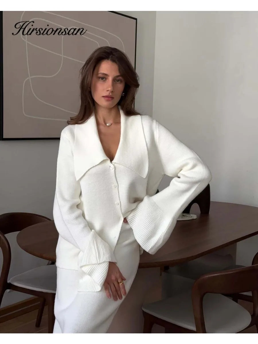 Hirsionsan Sexy Soft Elegant Vintage Women Suits 2 Pieces Female Sets Polo Neck Cardigan Sweater & Midi Dress Knitted TrackSuit