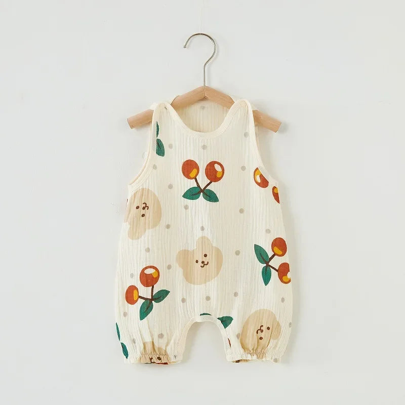Summer Baby Girls Romper Cartoon Bear Newborn Jumpsuits Infant Sleeveless Muslin Clothing for Boys Printed Outfits