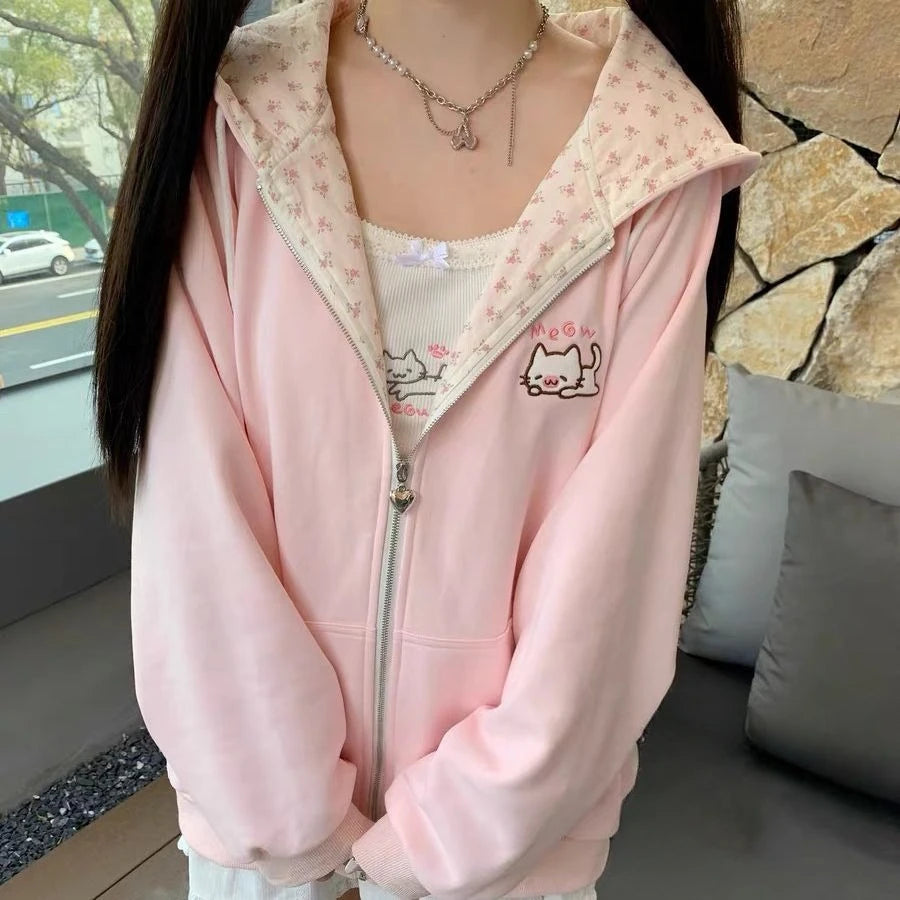 Women's Pink Embroidered Zip-Up Hoodie