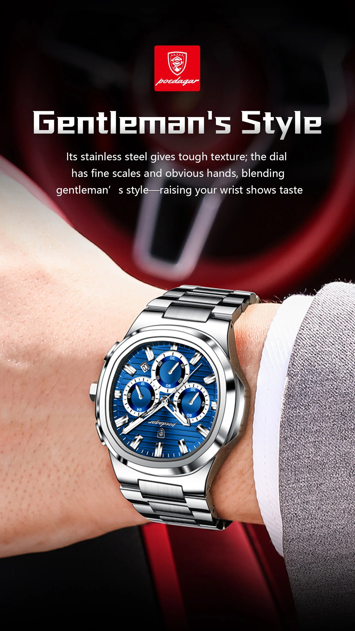 POEDAGAR 834 Men's Luxury Chronograph Watch | Stainless Steel
