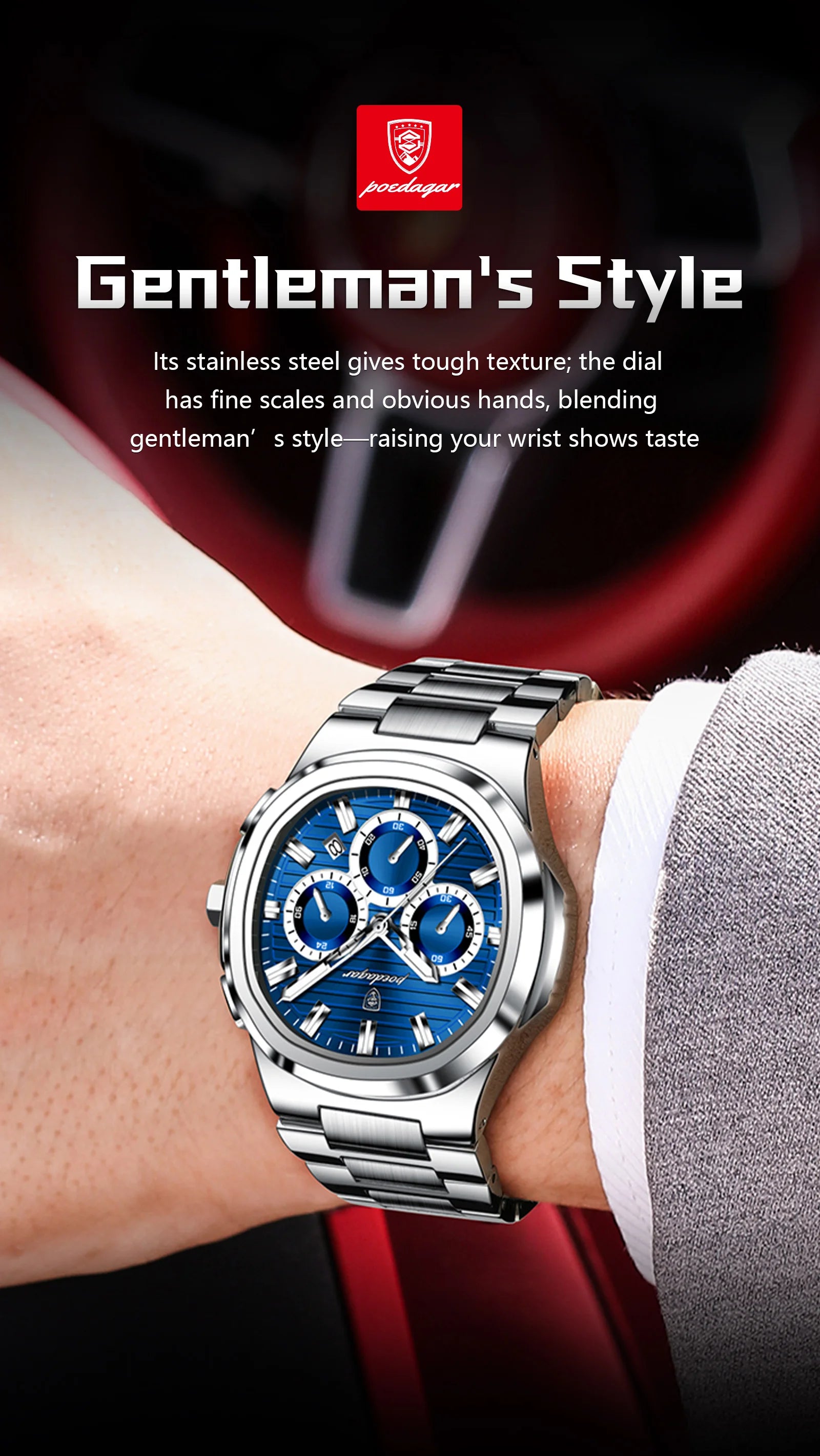 POEDAGAR 834 Men's Luxury Chronograph Watch | Stainless Steel