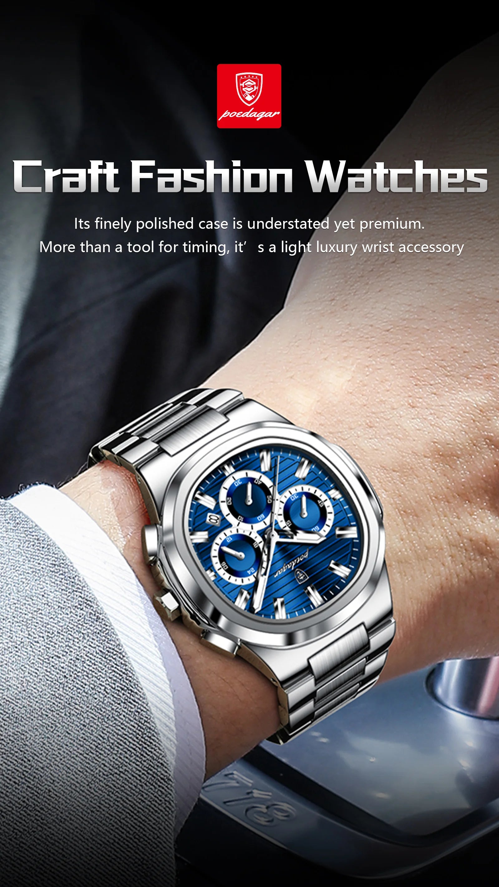 POEDAGAR 834 Men's Luxury Chronograph Watch | Stainless Steel