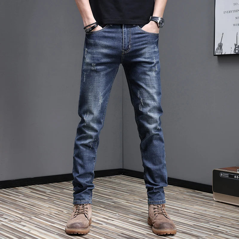 Embroidered Jeans Men's Autumn Winter New Korean Fashion Slim Little Feet Trousers Stretch Vintage Street Denim Trousers Male