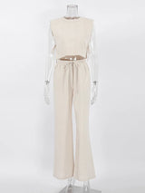 Spring Summer 2025 Women Holiday Linen Pant Set Crop Tops Solid Outfits 2 Two Piece Matching Set For Women