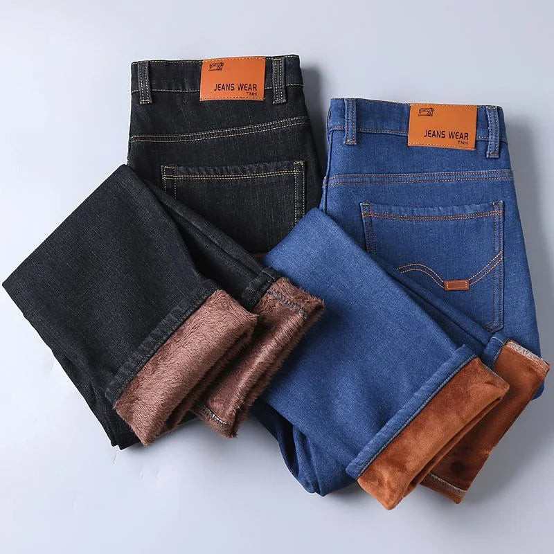 Men Winter Snow Warm Plush  Loose Minimalist Jeans Male Fleece Lined ThickenedStraight Denim Pants Slim Fit Elasticity Trousers