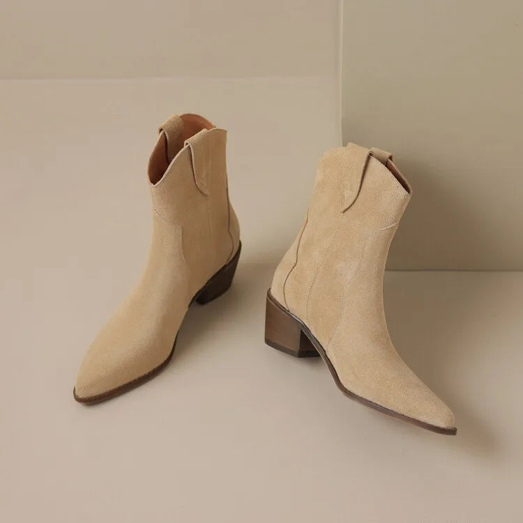 2026 Autumn Cow Suede Women Boots Pointed Toe Chunky Heel Boots for Women Fashion Short Boots Winter Boots Women Western Boots
