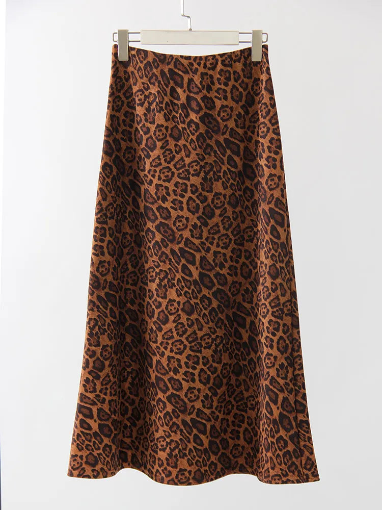 Leopard Print Suede Maxi Skirt – Women's Autumn Winter