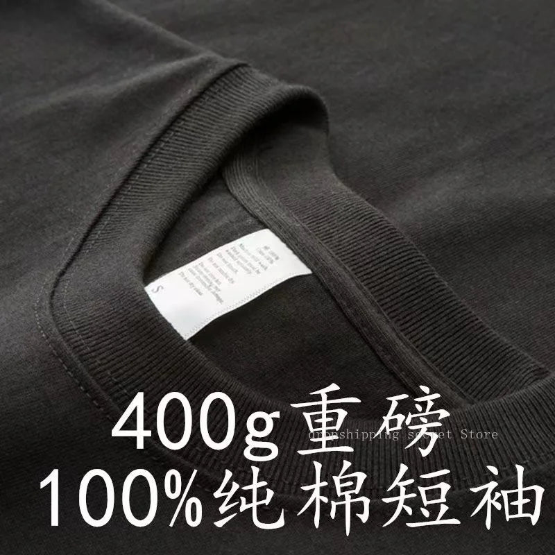 Cyan 400g Heavyweight Cotton Short-sleeved T-shirt Summer Small Neckline Loose Thick Impermeable Men and Women Tees