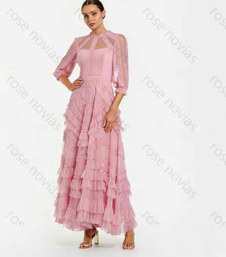Customized Green Tulle High Quality Evening Dresses O-neck for Floor-Length Tiered A-line for Formal Evening Vestidos De Fiesta