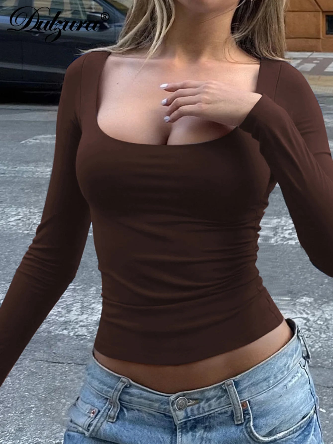 Autumn Slim-Fit Square Collar Long Sleeve T-Shirt | Women's Chic Casual Streetwear