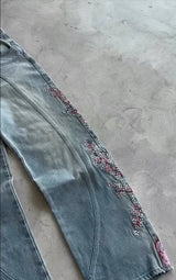 American Fashion Cherry Blossom Knight Embroidered Y2K Jeans
