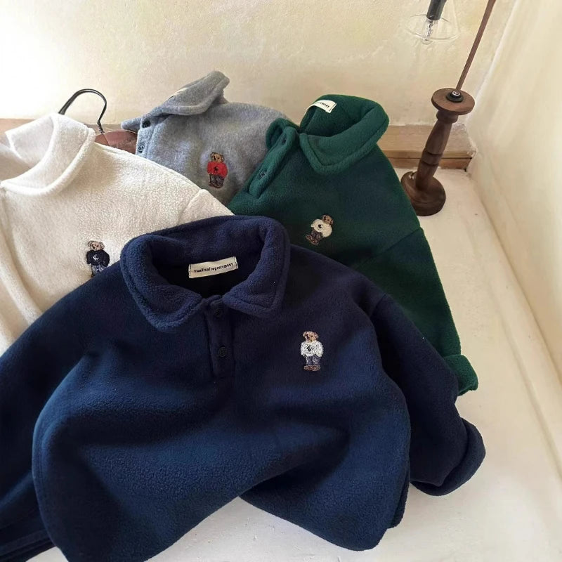 Kids' Bear Embroidered Fleece Polo Sweatshirt
