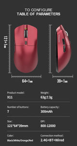 X11 Tri-Mode Wireless Gaming Mouse, 63g Lightweight, PAW3311 Sensor, 12000 DPI, Magnetic RGB Charging Dock