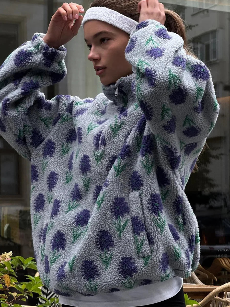 TARUXY Fleece Printing Sweatshirt Women's Half-Zip Sweatshirt Fleece Loose Turtleneck Pullover Female Winter Leisure Sweatshirt