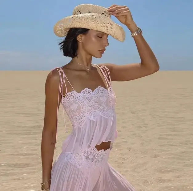 Women Floral Lace Sheer Layers Skirt Set Suspenders Ruffle Top High Waist Maxi Skirts 2026 Summer Beach Vacation Female Outfits