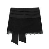 Women 2025 Autumn New Lace Bodysuit Women's Bodysuit Black Cutwork O-Neck Long Sleeves Bodysuits+Splicing Mini Skirt Suit