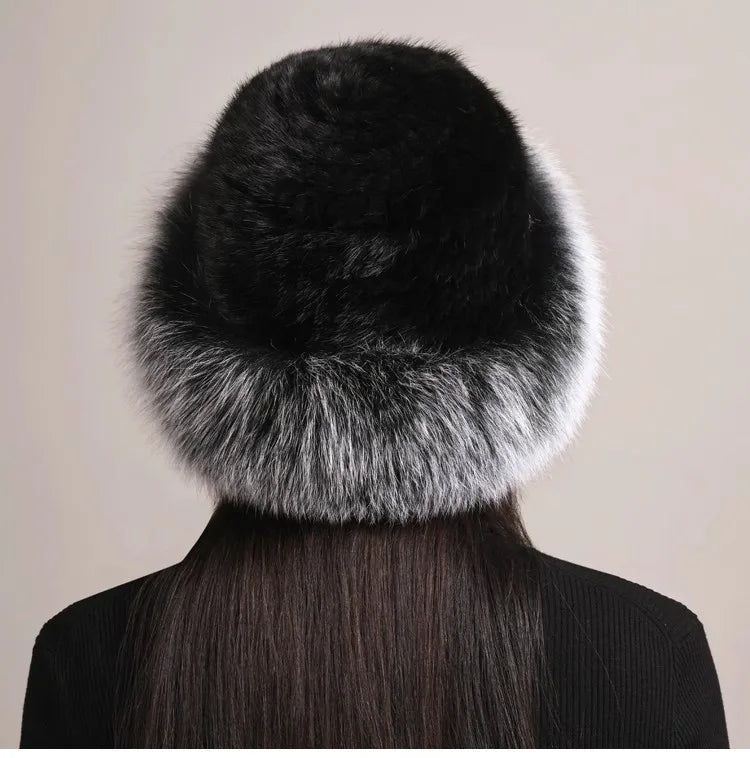 Genuine Knitted Mink Fur Hat with Fox Fur Brim