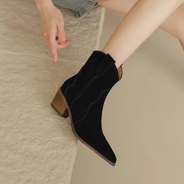 2026 Autumn Cow Suede Women Boots Pointed Toe Chunky Heel Boots for Women Fashion Short Boots Winter Boots Women Western Boots