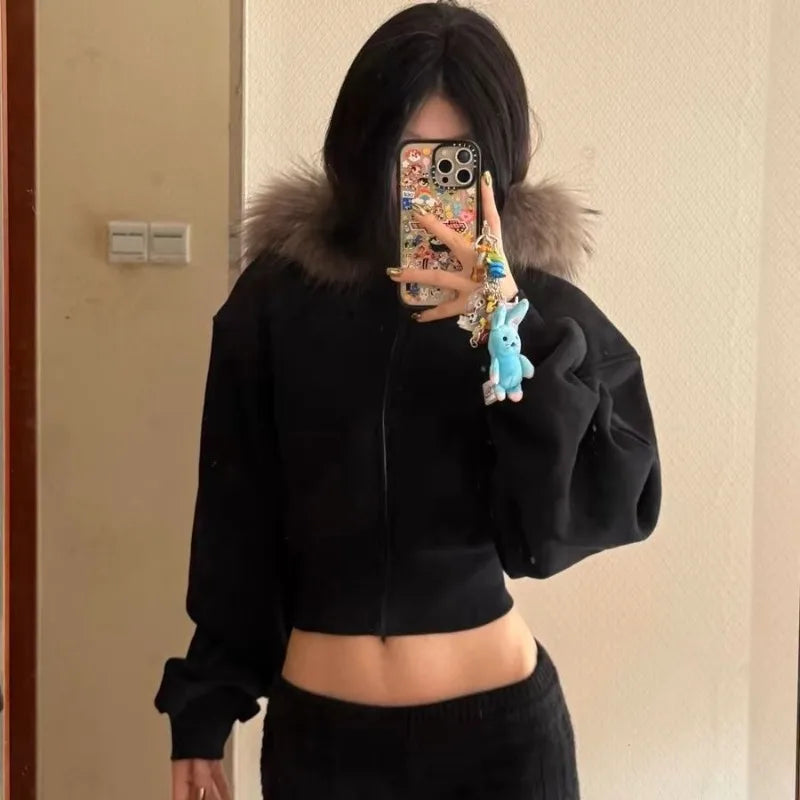 Women’s Black Cropped Zip-Up Hoodie