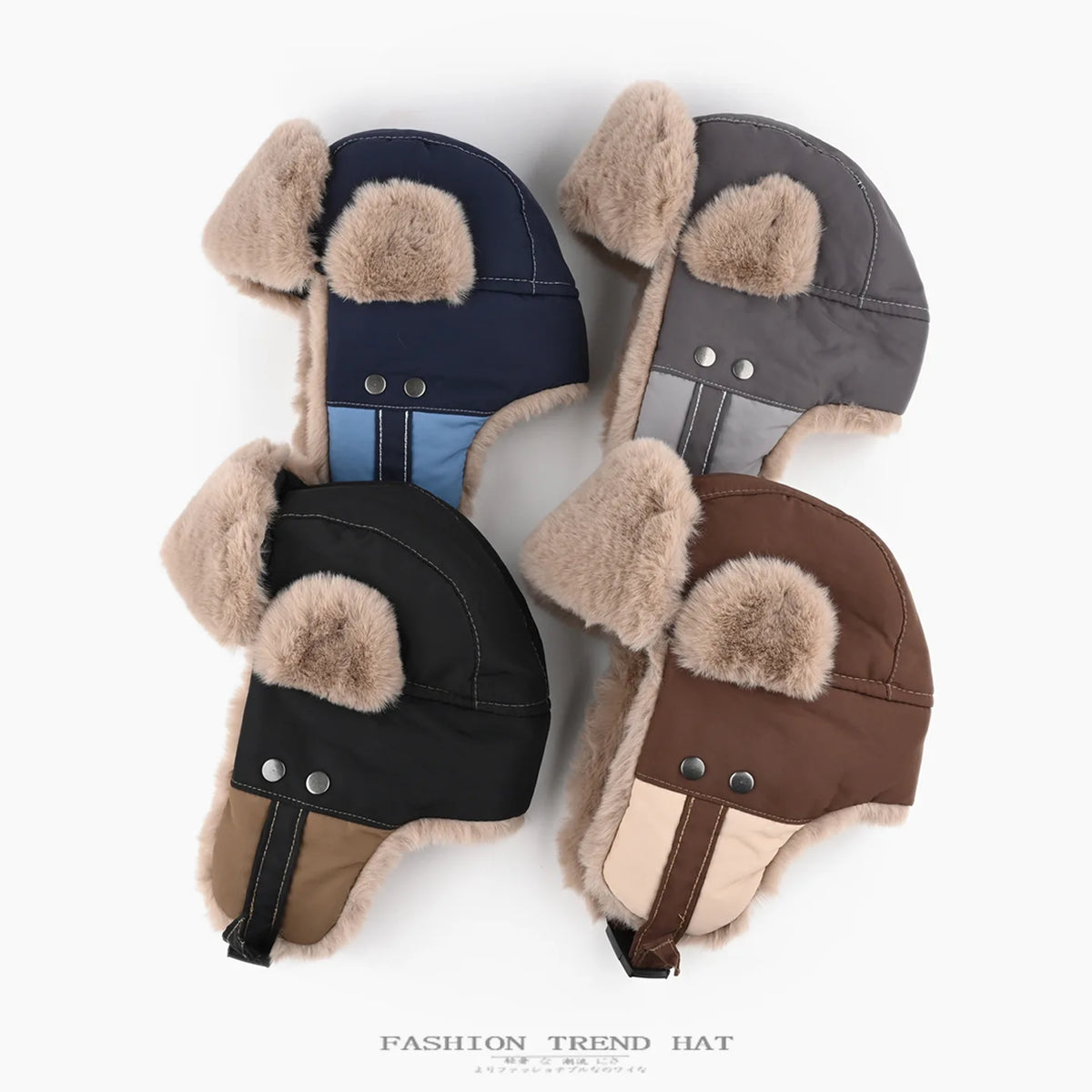 Winter Faux Fur pilot Hat unisex Bomber Hat Color-Block Plush Ushanka Hat Aviator Hat Thermal Earflap Cap Skiing Trapper Bonnet
