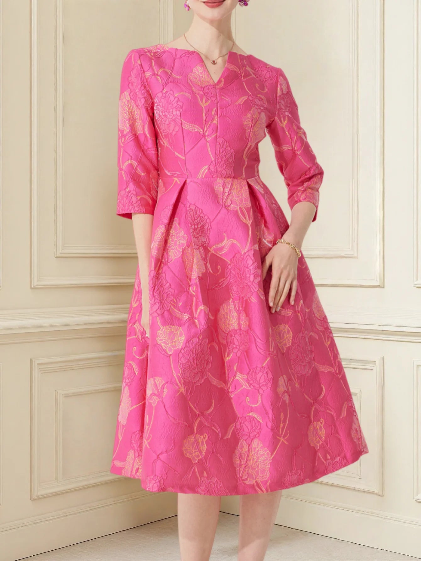 Women's Rose Jacquard V-Neck A-Line Party Dress