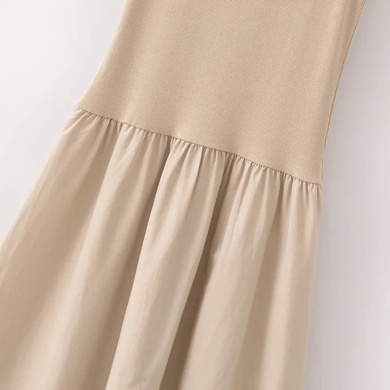 Khaki & Black Elegant Patchwork Maxi Dress – 2025 Spring Y2K Sleeveless
