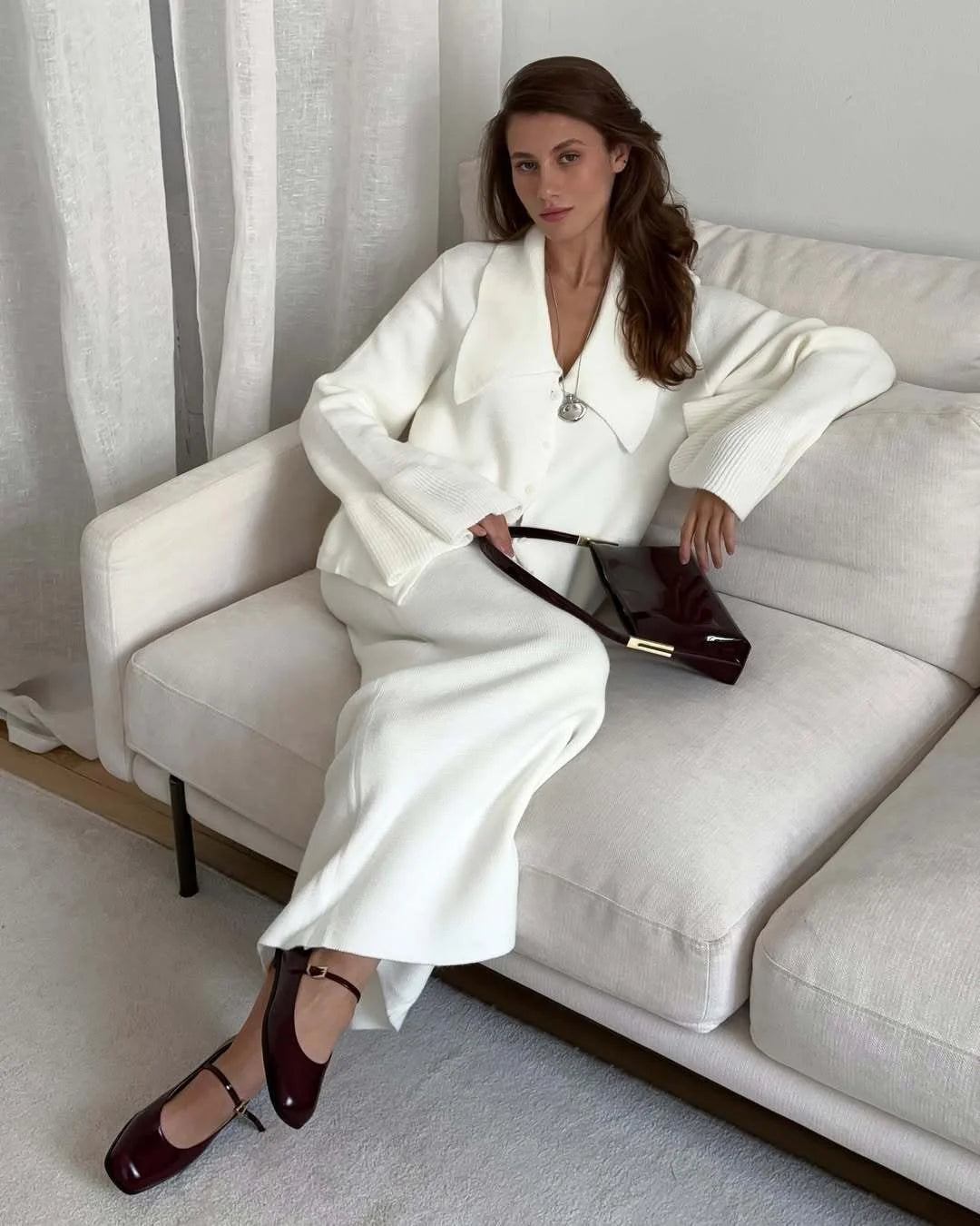 Hirsionsan Sexy Soft Elegant Vintage Women Suits 2 Pieces Female Sets Polo Neck Cardigan Sweater & Midi Dress Knitted TrackSuit