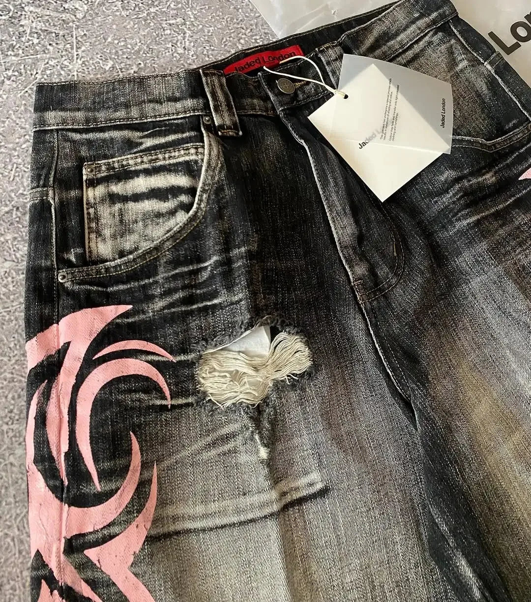 Y2K Dark Wash Wide Leg Jeans with Pink Flame Embroidery
