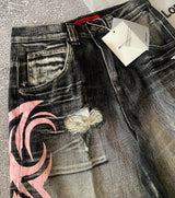 Y2K Dark Wash Wide Leg Jeans with Pink Flame Embroidery