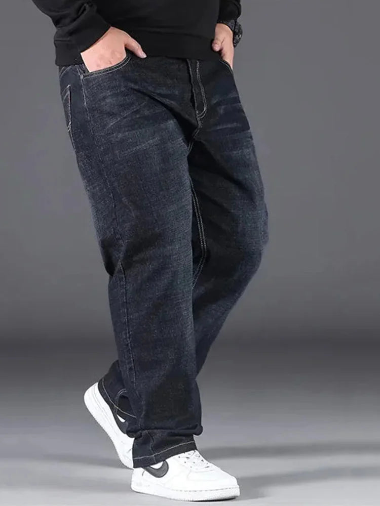 Plus Size Men's Jeans 10XL(160kg) Straight Leg Stretch Denim Pants For 160KG Heavyweight Blue/Black Big & Tall Casual Trousers