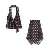 Polka Dot Printed Midi Skirts Two Piece Sets for Women 2026 Summer Chic Scarf Halter Top Suits Beach Woman 2 Piece Outfits