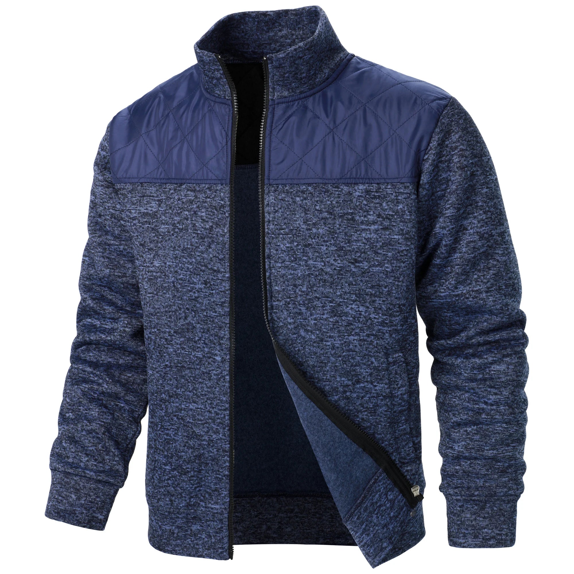 Men's Autumn/Winter Zip-Up Knit Jacket – Striped Check Stand Collar Sweater Coat