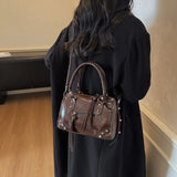 Vintage Rivets Pillow Bag Large Capacity Zipper Single Shoulder Bag Top Handle Patent Leather Crossbody Women's Bag Women