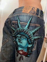Y2K High-Waist Baggy Jeans – Rhinestone & Liberty Embroidery