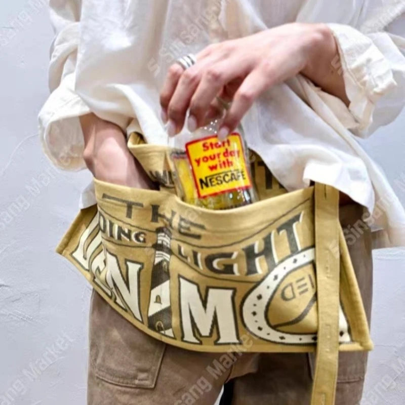 Vintage Letter Print Canvas Waist Bag for Women Multifunctional Crossbody Bag, Casual Apron Chest Bag, Streetwear Fanny Pack