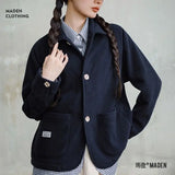 Maden Women's Fleece Lapel Warm Jacket 290gsm Single-breasted Solid Color Casual TOPs Coat for Autumn Winter Outwear