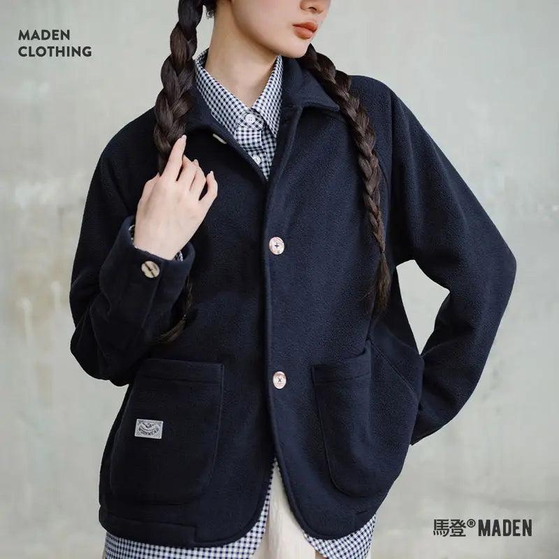 Maden Women's Fleece Lapel Warm Jacket 290gsm Single-breasted Solid Color Casual TOPs Coat for Autumn Winter Outwear